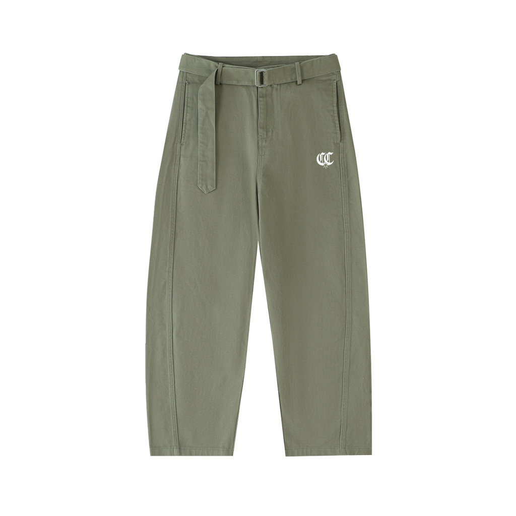 Twisted-Seam Belted Curved-Blade Pants