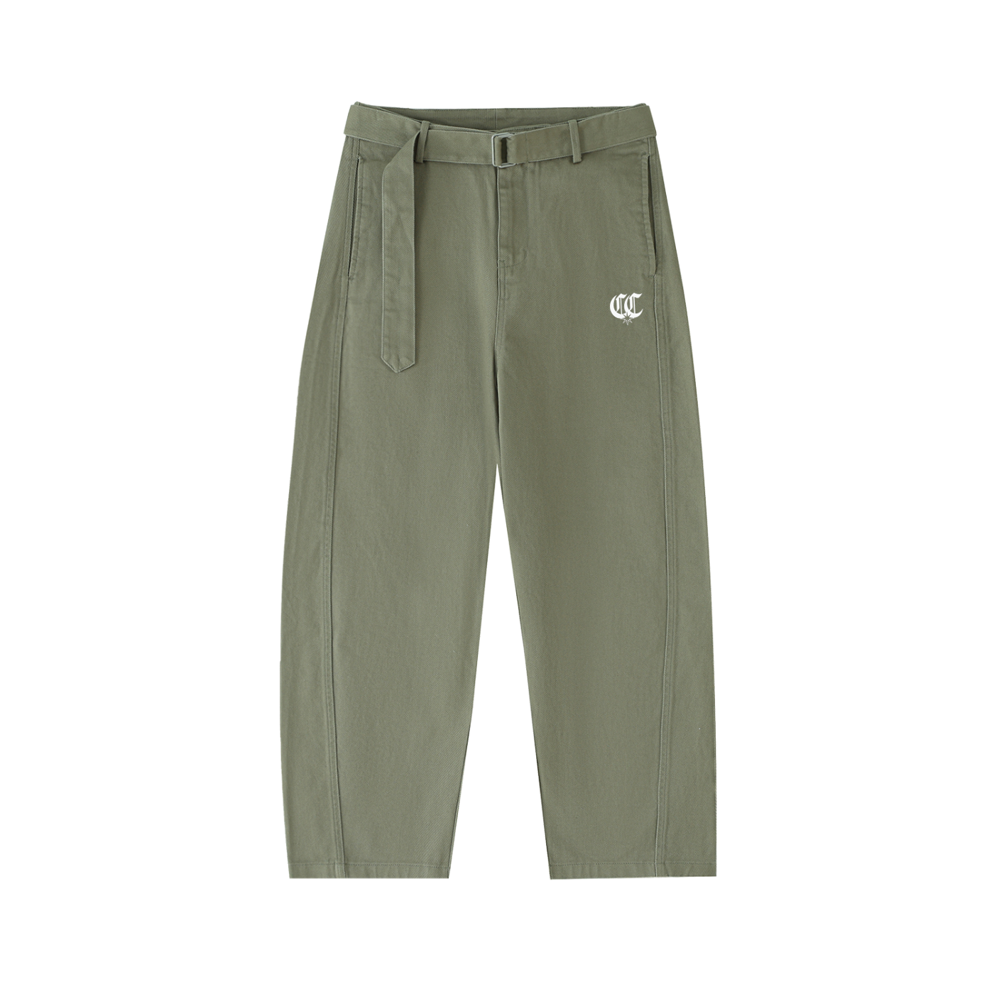 Twisted-Seam Belted Curved-Blade Pants