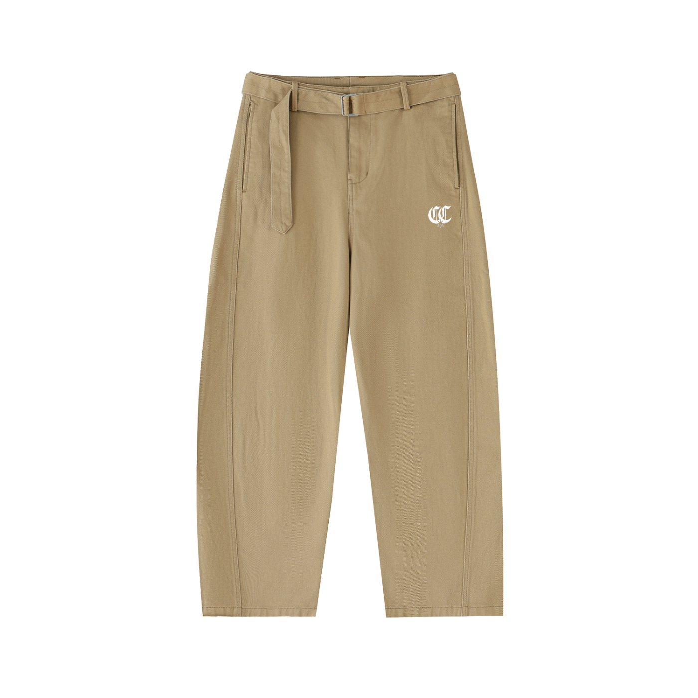 Twisted-Seam Belted Curved-Blade Pants
