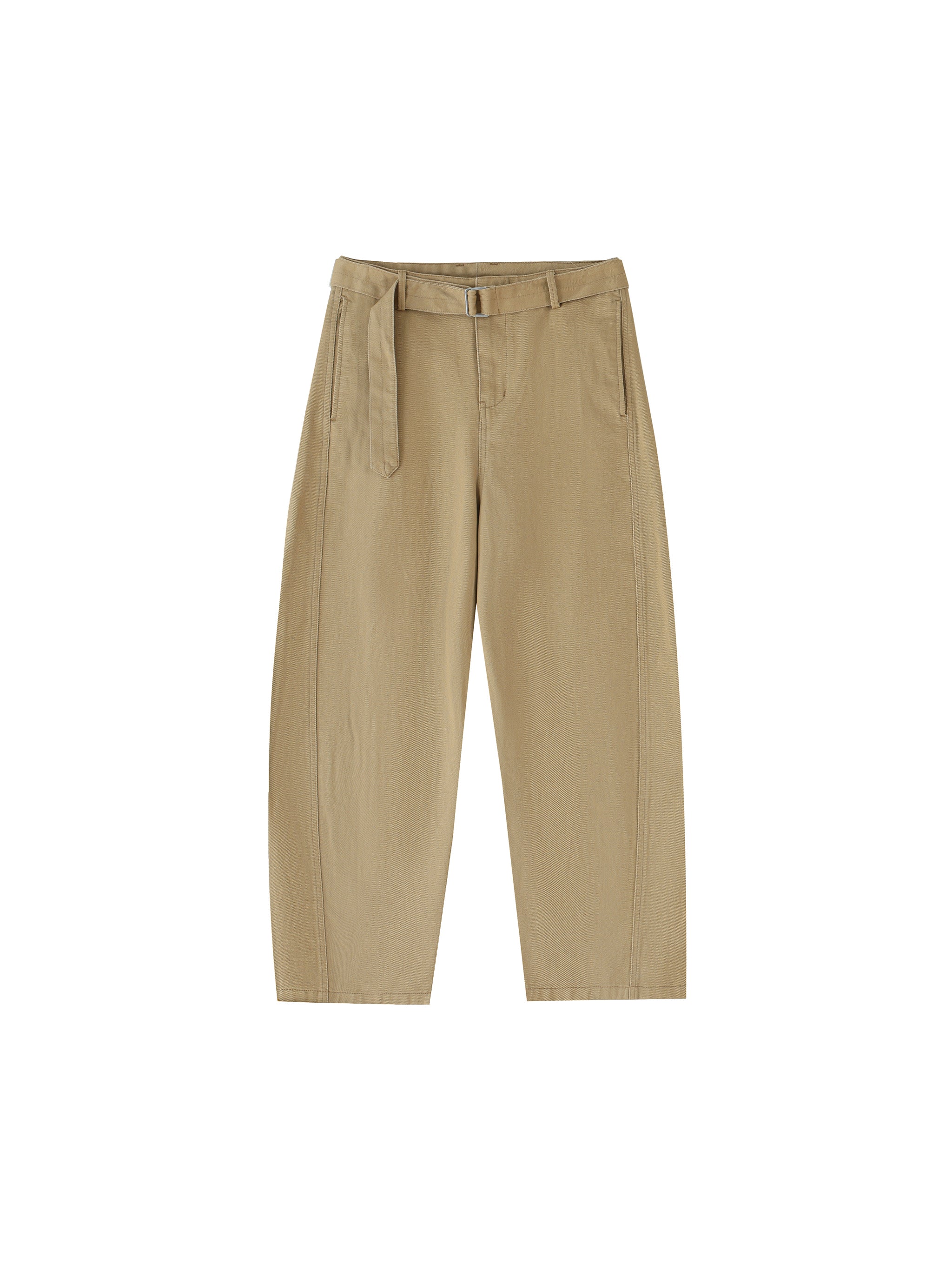 Twisted-Seam Belted Curved-Blade Pants